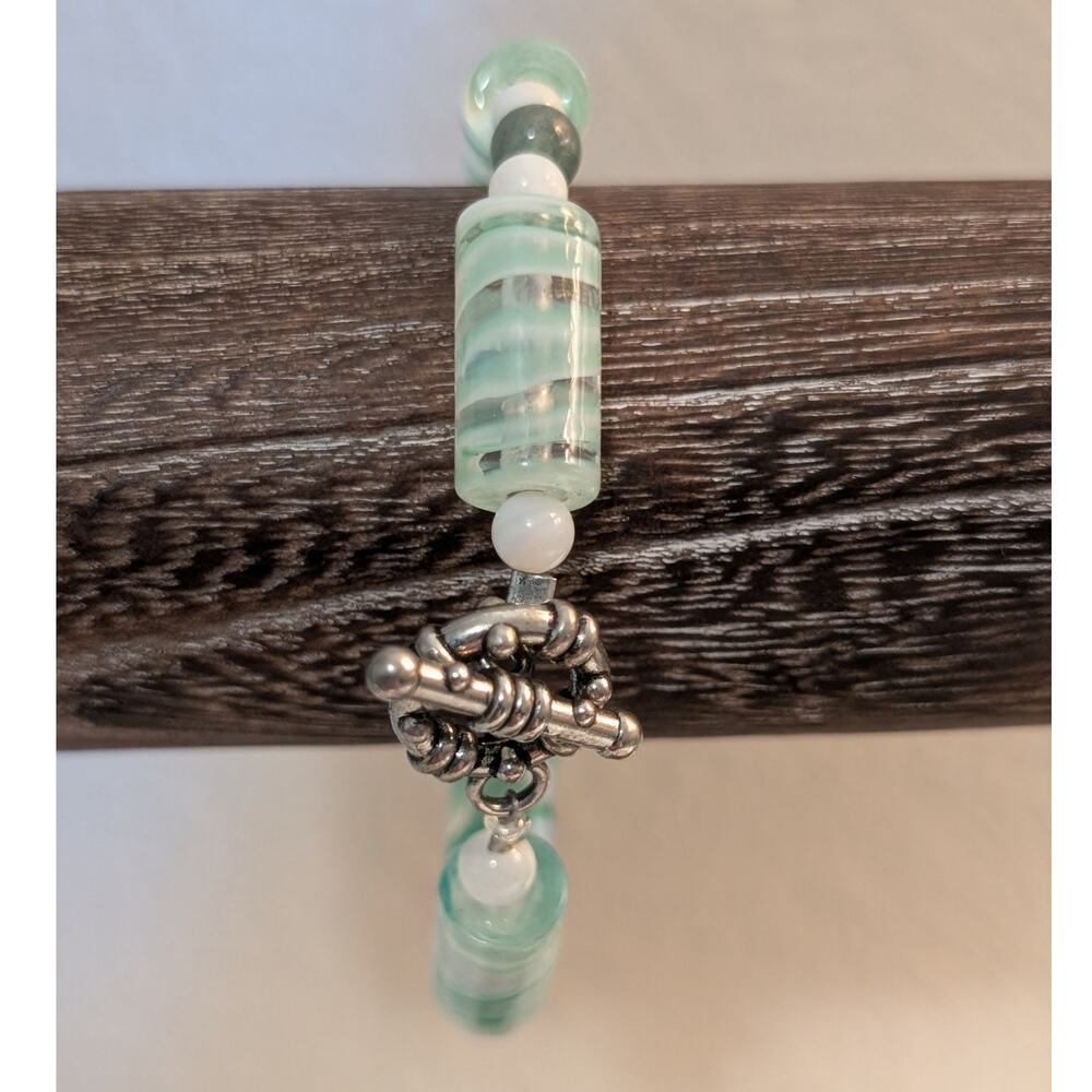Glass Mint Green Lampwork Elongated Cylinder & Stone & Milk Glass Bead Bracelet